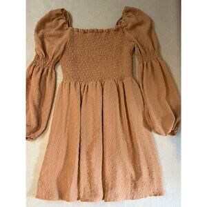 Puff Sleeve Brown Smocked Dress With Dotted Texture